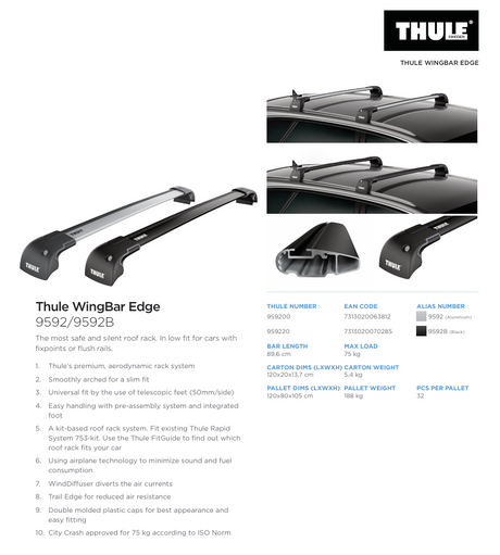 Thule WingBar Edge 9592B Low Profile Aero Roof Bars Pair 84.4cm - Black