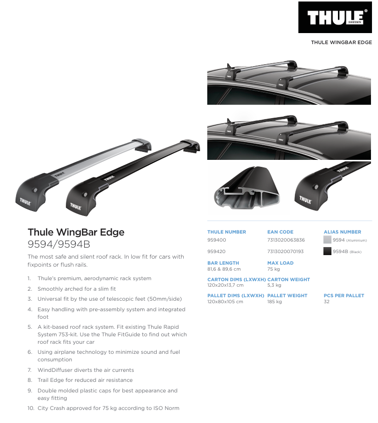 Thule WingBar Edge 9594 Aerodynamic Aluminium Roof Bars Pair 104cm - Silver