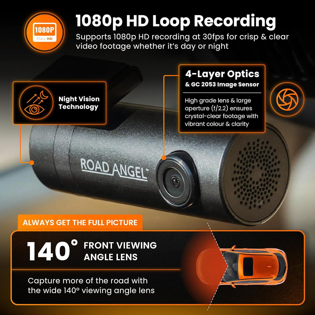 Road Angel Aura HD1 1080p Full HD 140 Degrees Wi-Fi Compact Dash Cam Black