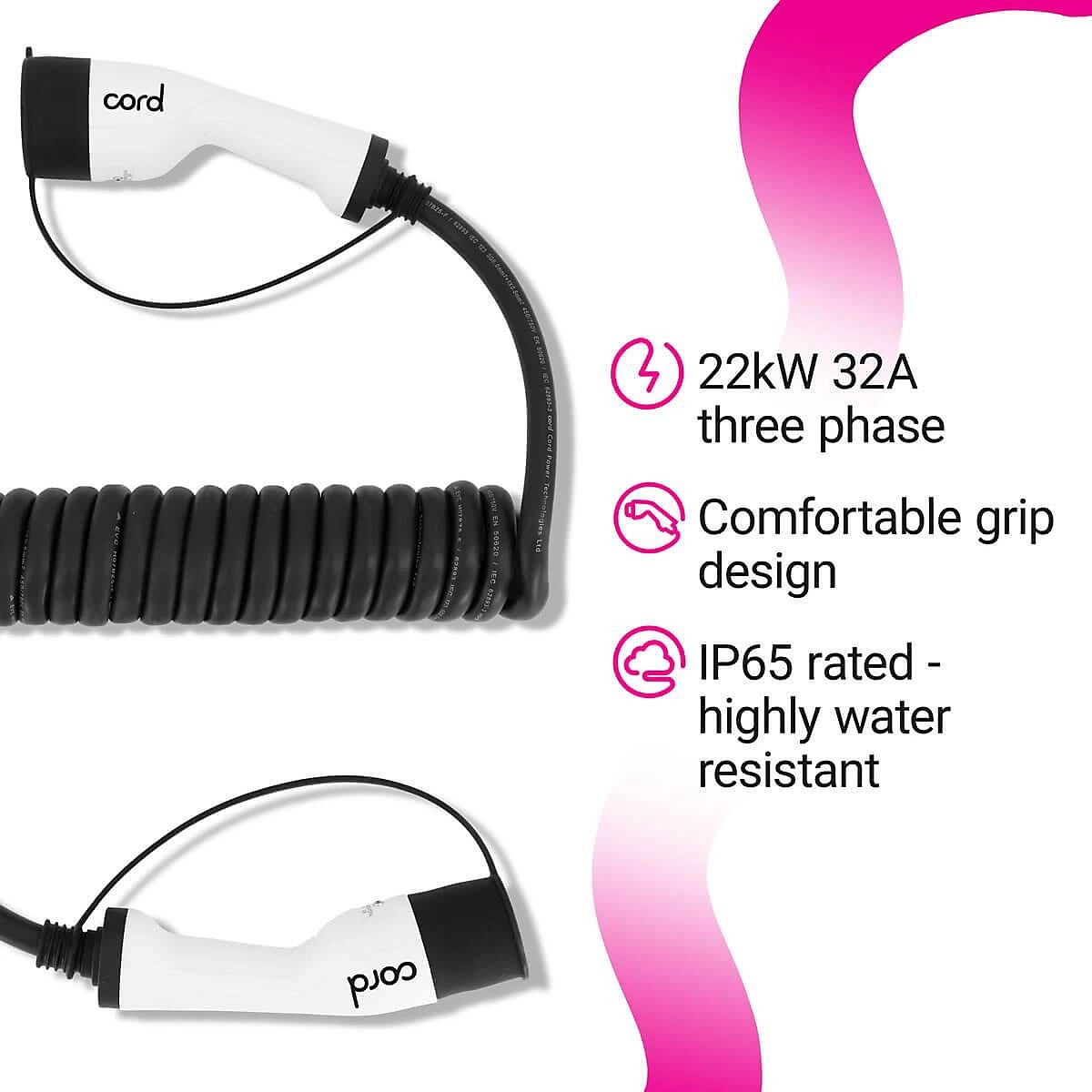 Cord Coiled High Speed EV Charging Cable 10M 380V 32A 22KW - White/Black