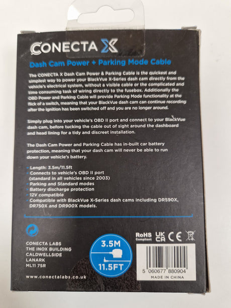 BlackVue Conecta X OBD Power Parking Mode Cable X Series For Dash Cams Black