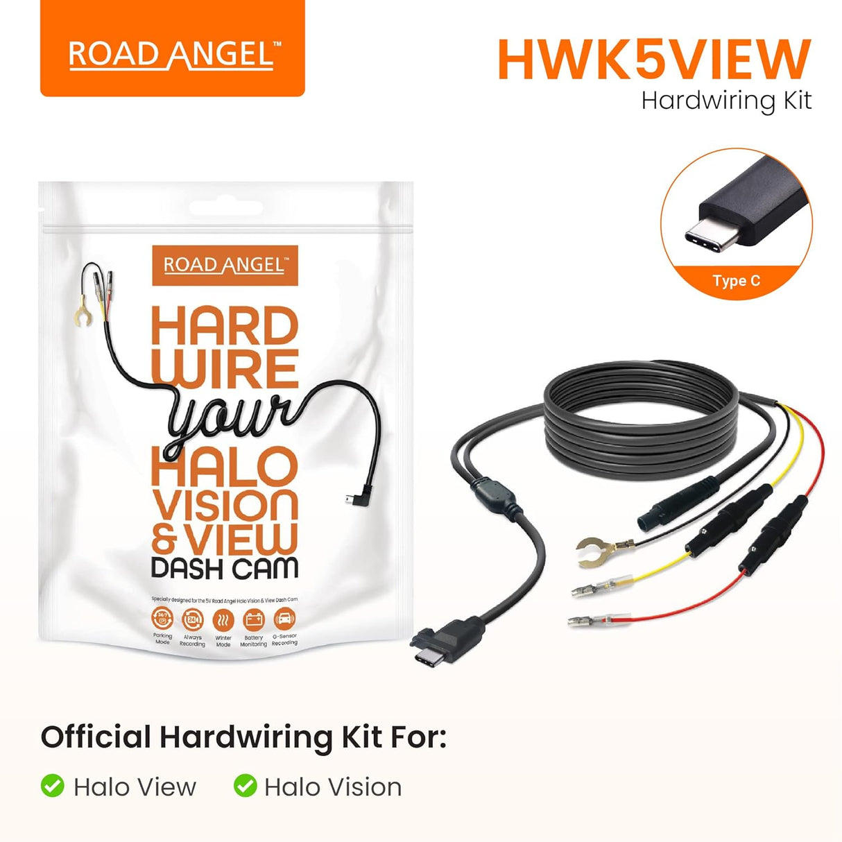 Road Angel HWK5View Halo View Vision Dash Cam Hardwire Kit Mini USB - Black