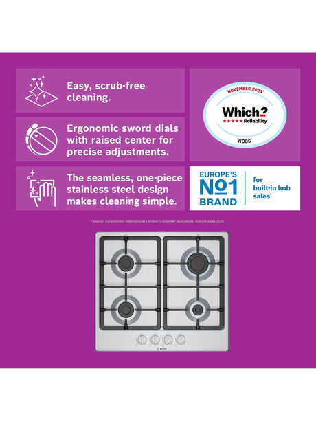 Bosch Series 4 PGP6B5K90 60cm 4-Burner Integrated Gas Hob - Stainless Steel