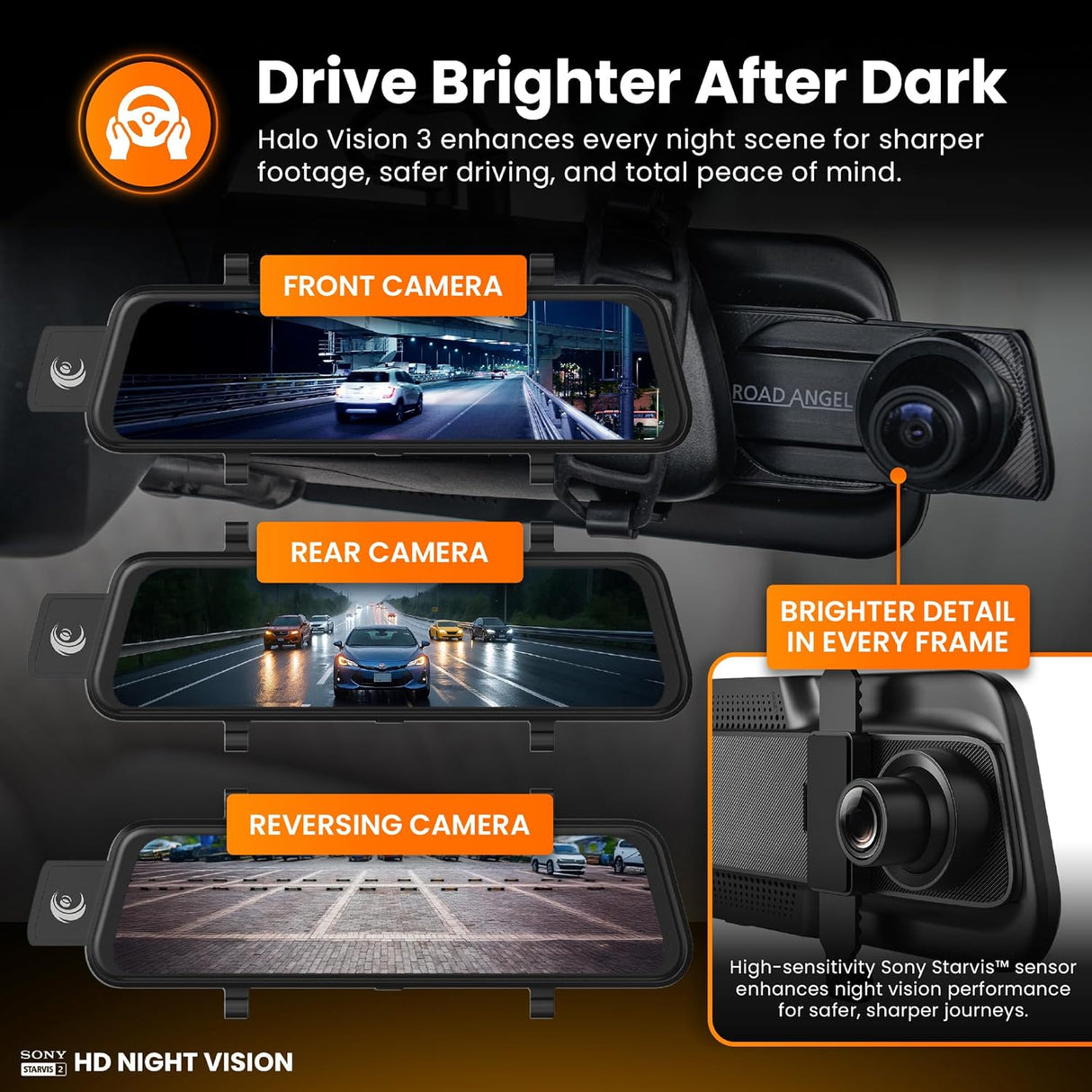 Road Angel Halo Vision 3 Front & Rear 4K 1080p Mirror Dash Cam 10in - Black