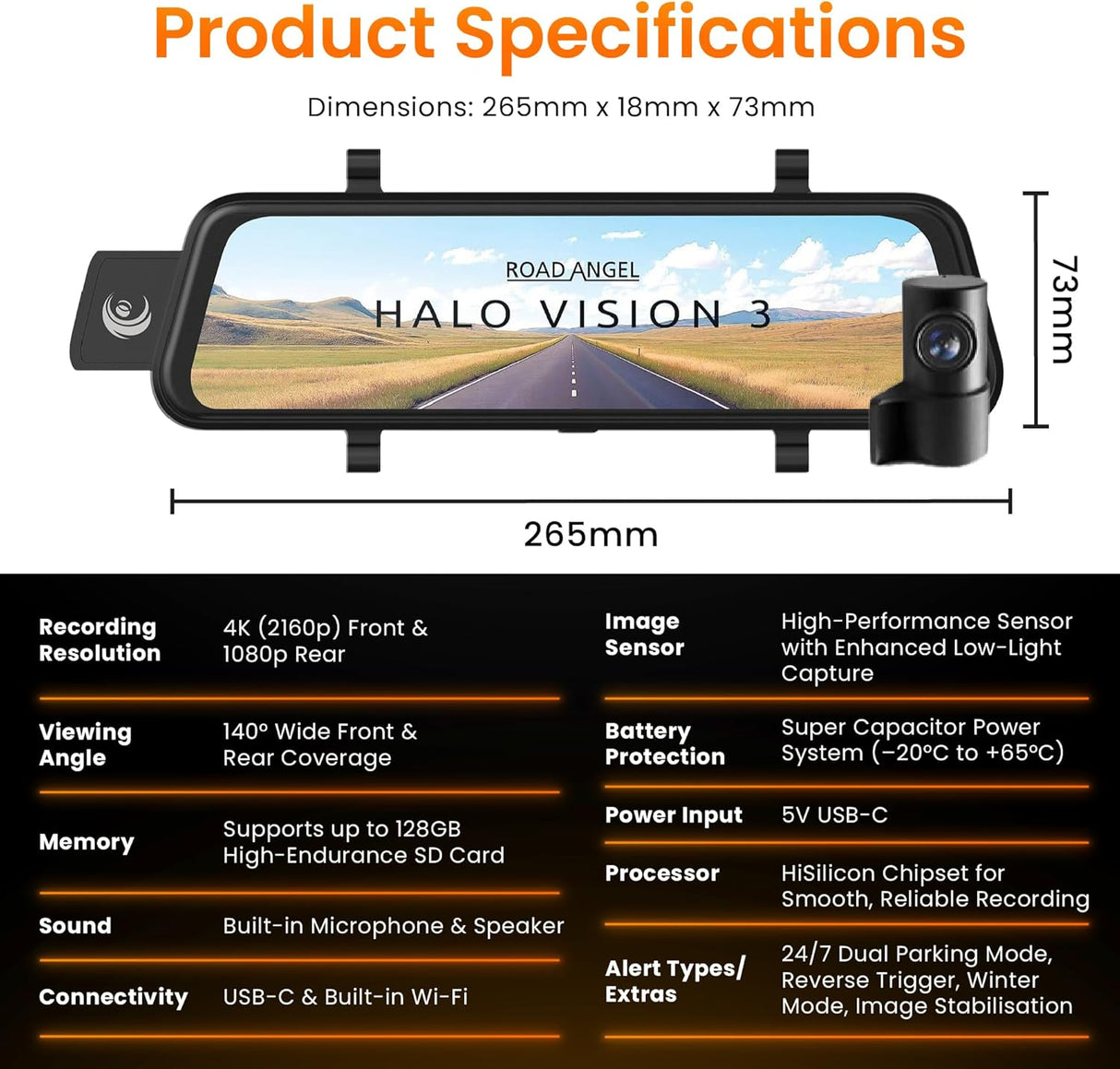 Road Angel Halo Vision 3 Front & Rear 4K 1080p Mirror Dash Cam 10in - Black